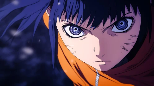 Fierce blue gaze and orange cloak in a storm of resolve.