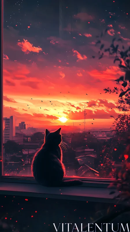 Silhouette cat watches glowing city sunset through window.