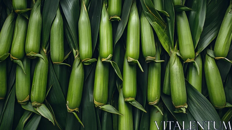 Fresh green corn cobs in tight overhead agricultural arrangement