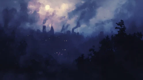 Dark industrial city skyline under smoky moonlit sky.