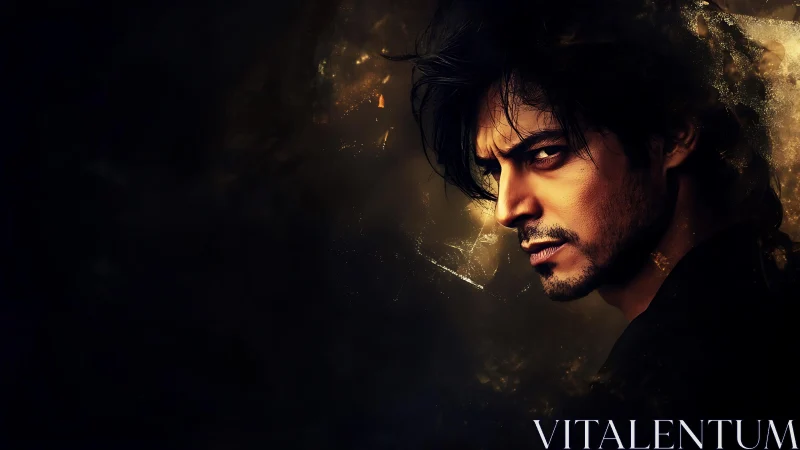 Brooding man in golden shadows exudes mysterious intensity.