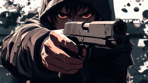 Hooded gunman aims handgun in dramatic anime close-up