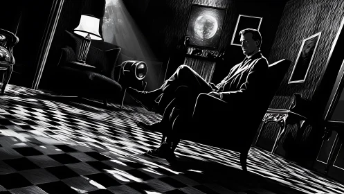 Noir interior portrait with high-contrast chiaroscuro staging.
