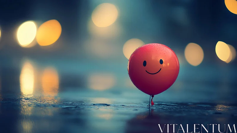 Red smiley balloon on wet street with city lights glow.
