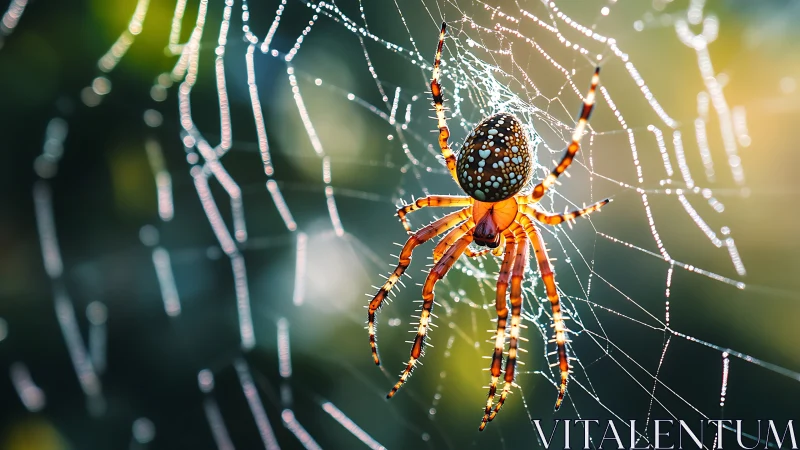 Macro backlit orb-weaver spider on dew-covered radial web
