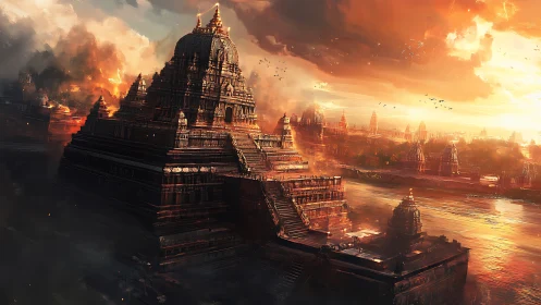 Ancient river temple city under burning sunset sky.