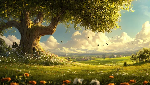 Sunlit guardian tree watching over storybook valley.