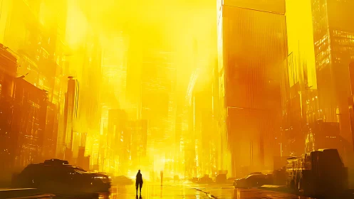 Solitary figure stands in dense yellow high-rise cityscape