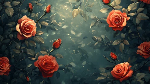 Crimson Roses in an Enchanted Garden.