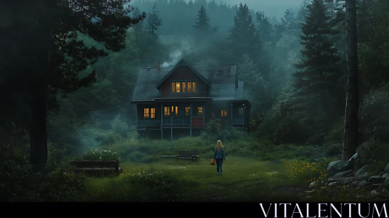 Softly glowing forest cabin welcomes a lone evening visitor