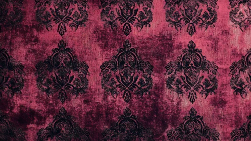 Textured crimson damask wallpaper with distressed baroque repeat.