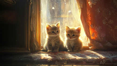 Two kittens sit in dramatic golden sunlight streaming through weathered doorway