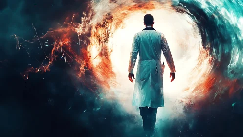 Digital painting of doctor entering luminous temporal vortex portal.