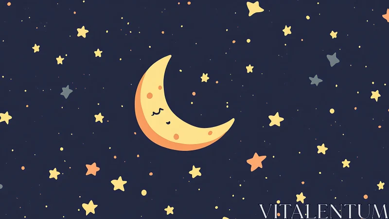 Smiling crescent moon with stylized stars in flat night sky