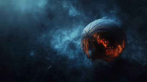 Smoldering basketball in dark smoke with glowing embers.