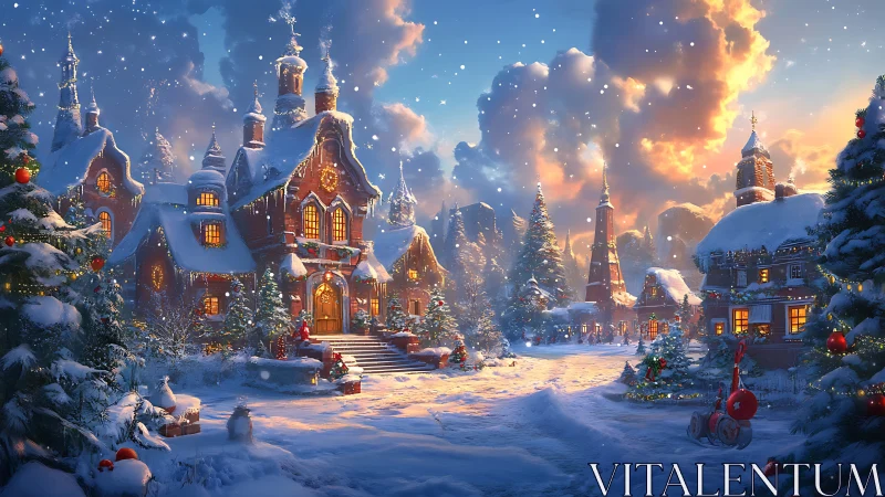 Snowy Christmas village street with glowing festive lights.