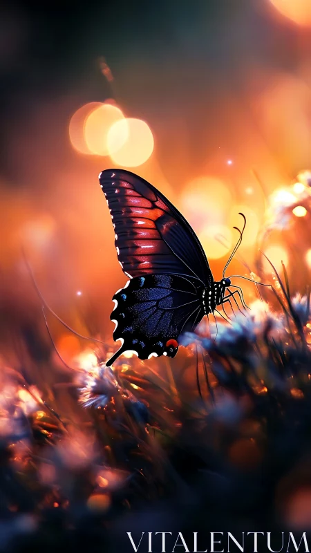Butterfly in glowing bokeh meadow at radiant sunset light.