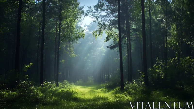 Sunbeams in Serene Forest Clearing, Lush Green Nature Scene.