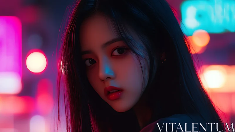 Neon city portrait captures moody gaze in vivid color glow.