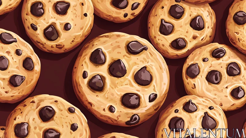 Chocolate chip cookies arranged in a tight overhead pattern.