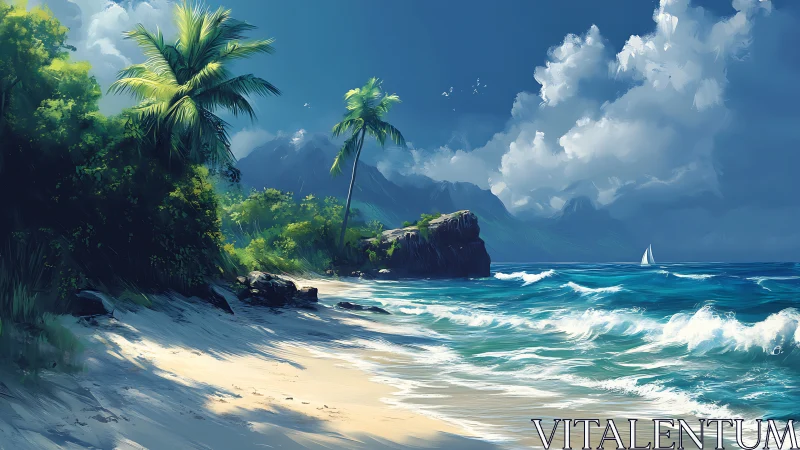 Tropical Paradise Beach with Palm Trees and Mountain Vistas.