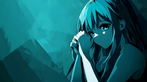 Monochrome cyan anime portrait with reflective lighting study.