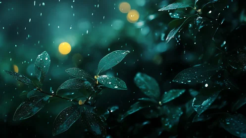 Rain on green foliage with blurred circular lights at night.