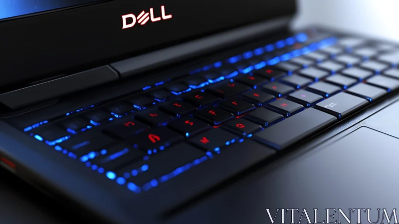 Backlit Dell laptop keyboard with blue‑red gaming illumination.
