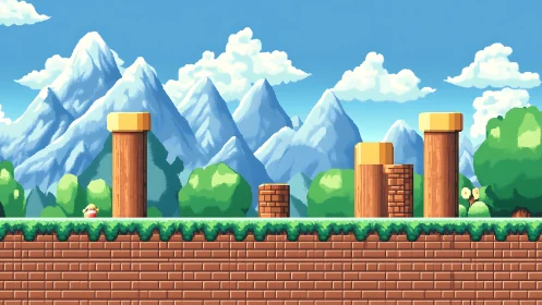 Pixelated mountain platformer scene with pipes and bricks.
