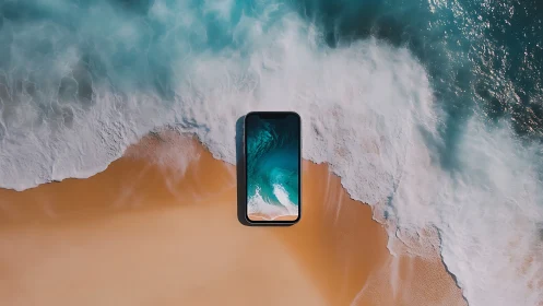 Shoreline smartphone portal where ocean and screen collide.