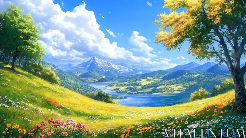 Mountain lake valley with flowered meadow under clear sky.