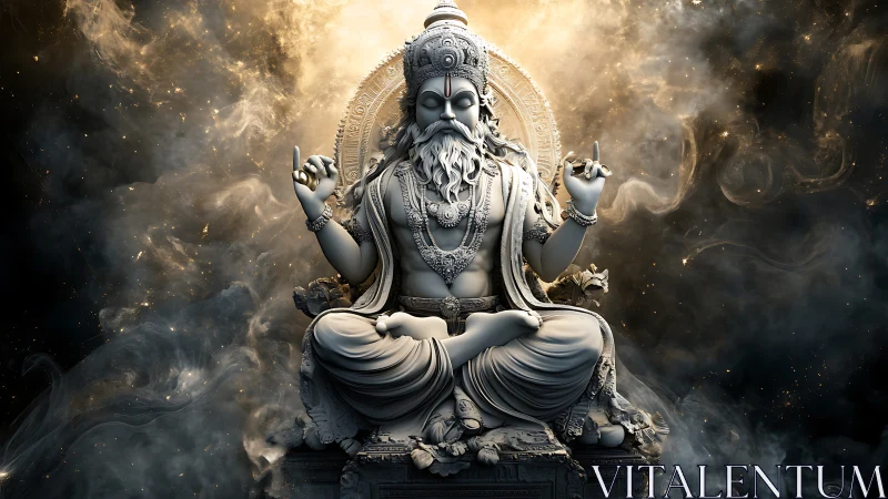 Divine stone deity in swirling cosmic smoke illumination.