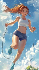 Digital illustration shows woman skipping rope against sky