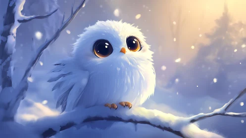 Adorable Cartoon White Owl on Snowy Branch in Soft Winter Light.
