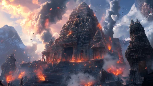 Ancient stone temple engulfed in fire and volcanic smoke.