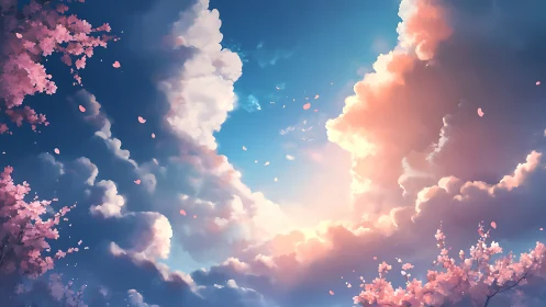 Blossom tree silhouettes below dense clouds at sunset.