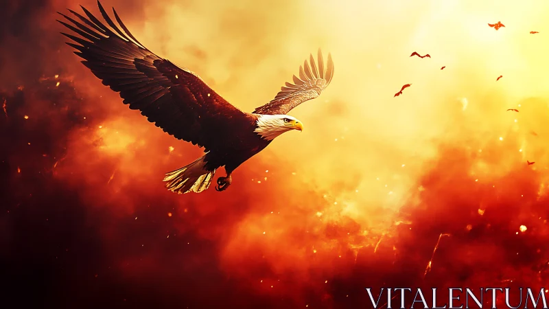 Aerial raptor in high-contrast incendiary atmospheric field.