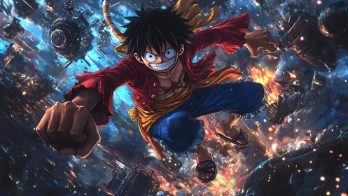 Energetic anime hero charges forward through fiery sky.