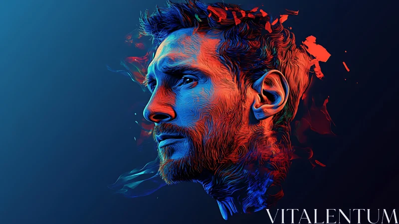 Vibrant digital portrait with blue and red light shards.