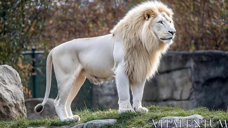 White lion standing on grass in soft autumn daylight.