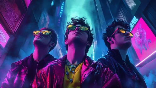 Neon-soaked cyberpunk trio under towering city screens.