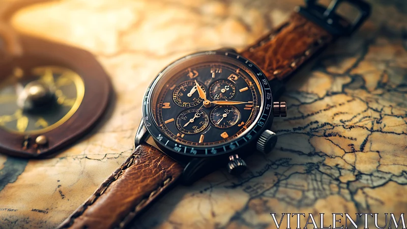 Vintage chronograph watch rests on map in warm golden light