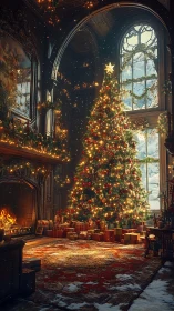 Golden holiday hearth with towering Christmas tree glow.