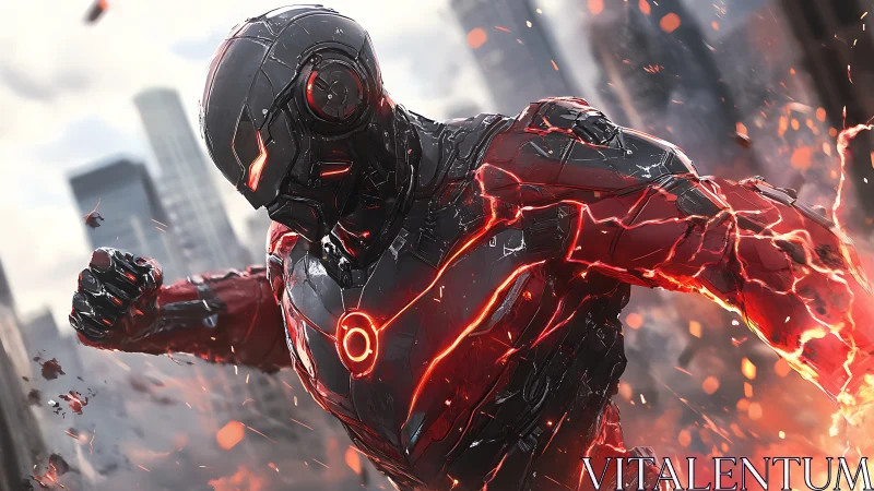 Armored cybernetic warrior charging through urban chaos.