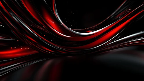 Dynamic abstract red and black metallic ribbons digital artwork.