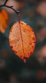 Macro study of a dew-covered autumn leaf with shallow depth of field