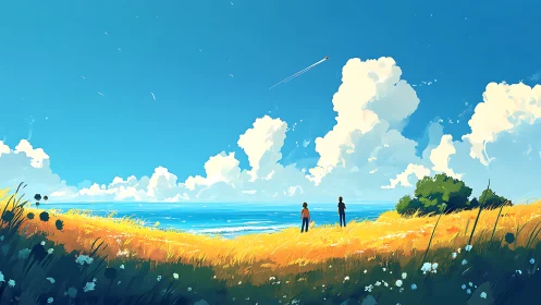 Summer shoreline vista with figures under vivid cloudscape.