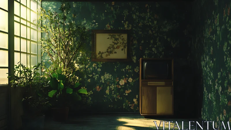 Vintage television and plants in patterned interior corner.