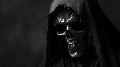 Hooded skeletal figure rendered in high contrast lighting