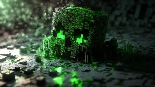 Pixelated toxic skull pulses with neon-green digital decay.